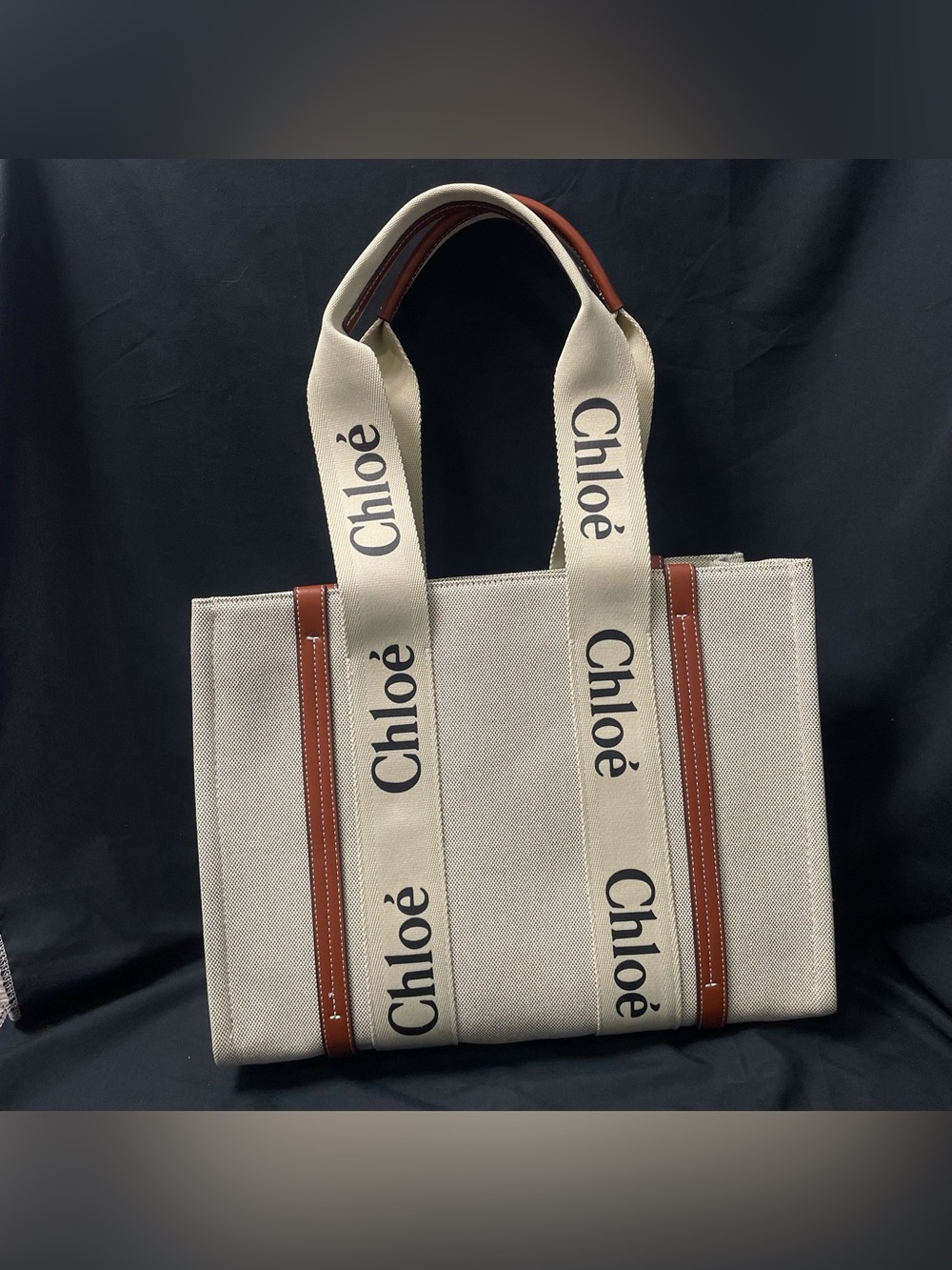 Beige Canvas & Brown Leather Logo Tote